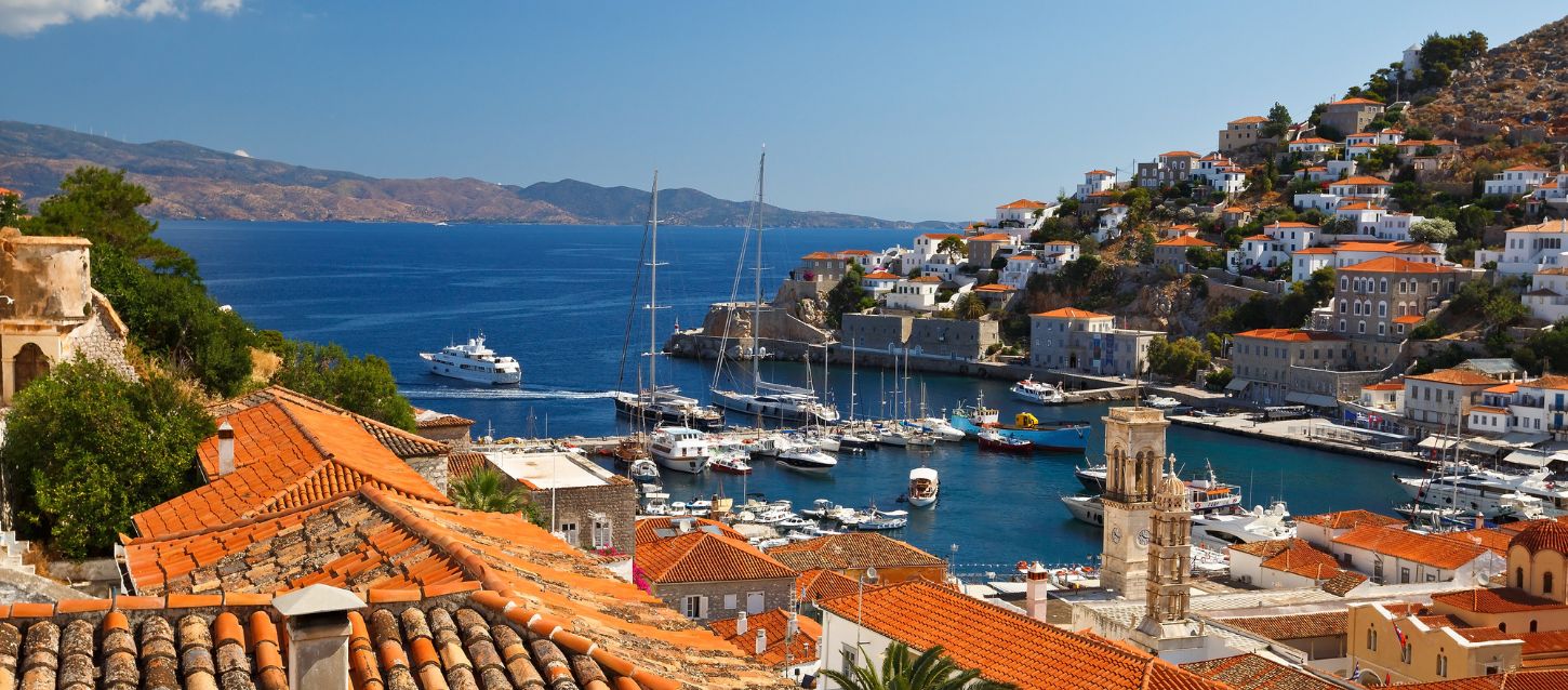 Hydra village and marina with traditional stone houses