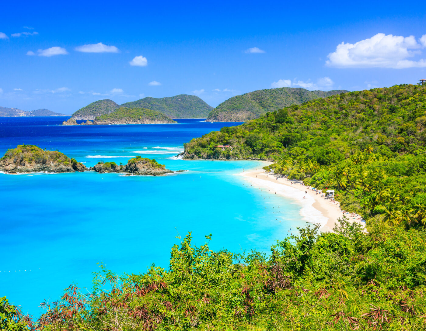 Trunk Bay beach with turquoise water and white sand.