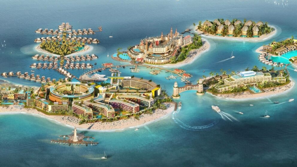 Aerial view of The World Islands in Dubai, featuring luxurious resorts, overwater villas, sandy beaches, turquoise lagoons, and boats cruising around the man-made islands shaped like a world map.