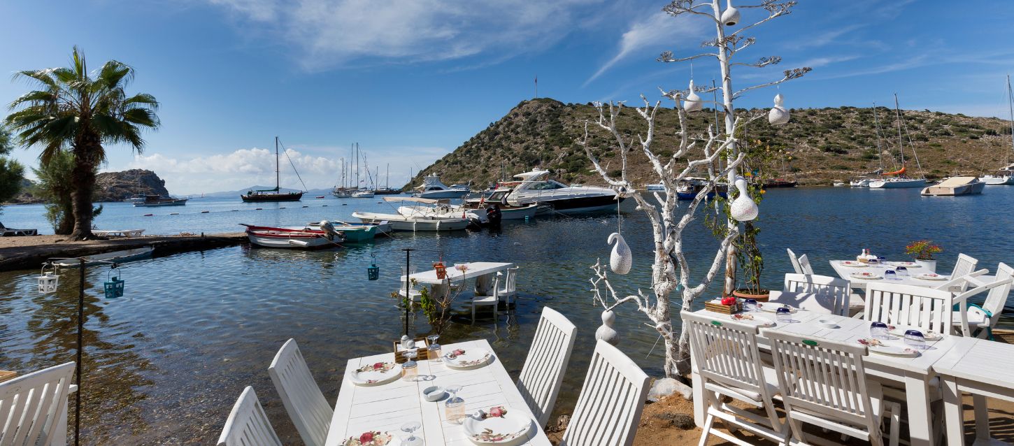 panoramic view of a seaside restaurant with white tables and chairs on a sandy shore. In the background, boats are anchored in a calm bay, with a green hill and a clear blue sky. A tall, white, decorative tree with hanging ornaments stands between the tables.