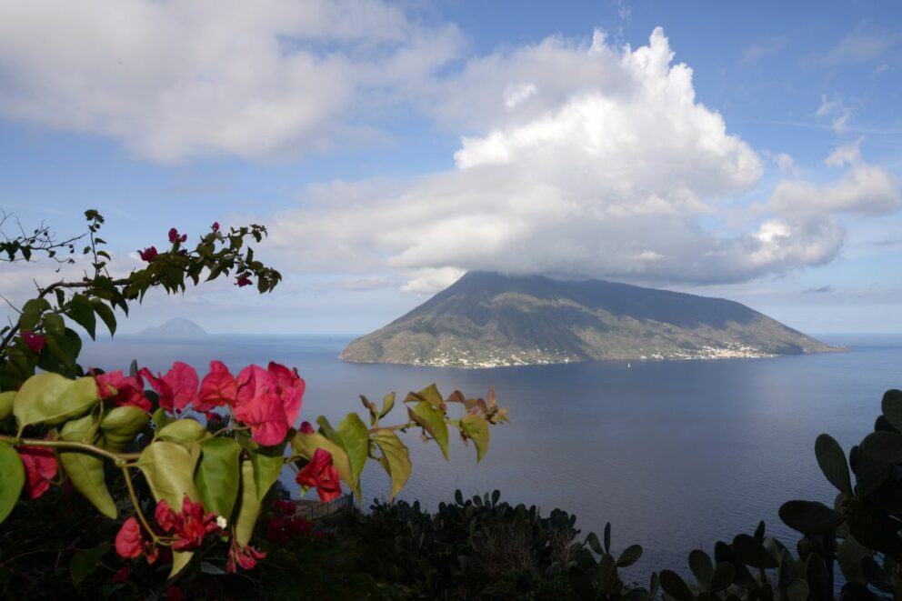 A scenic view of the volcanic island of Salina in the Aeolian Islands, Italy, with lush greenery and colorful flowers in the foreground. The island's twin peaks, Monte Fossa delle Felci and Monte dei Porri, rise from the sea under a partly cloudy sky. The image captures the island's natural beauty and serene atmosphere.