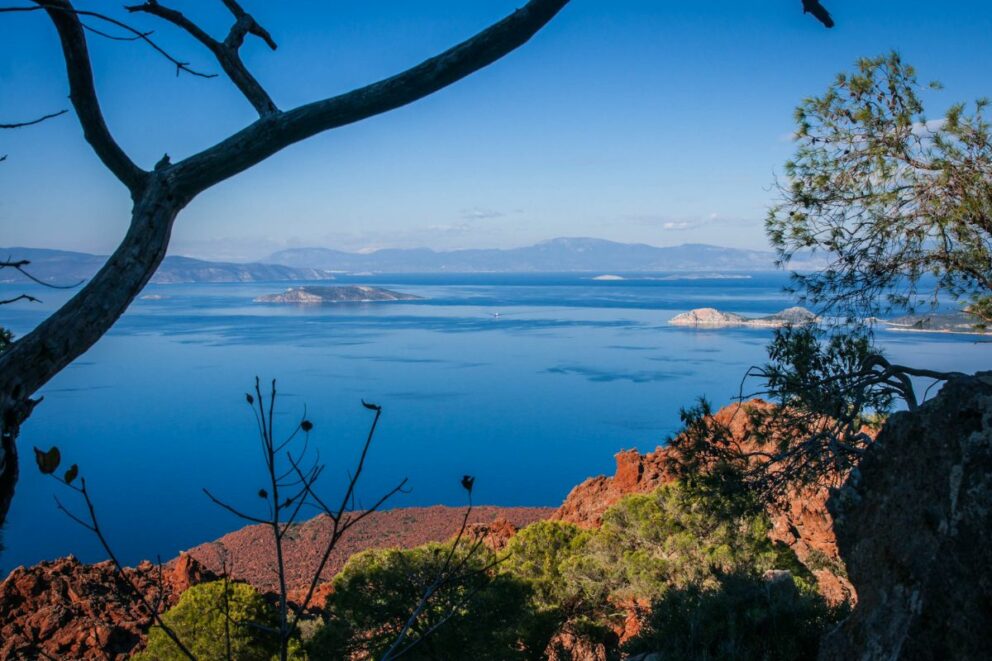 A scenic view from a hill overlooking a large body of blue water with several small islands in the distance and tree branches framing the shot.