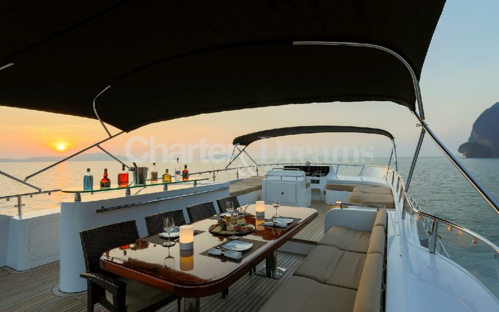 Sunset view from the flybridge of the luxury yacht Mia Kai