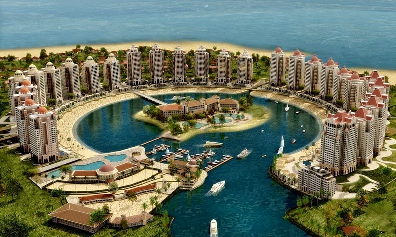 Aerial view of The Pearl in Doha, Qatar — a luxurious man-made island with circular waterways, high-rise residential towers, marinas with yachts, and landscaped surroundings by the Arabian Gulf.