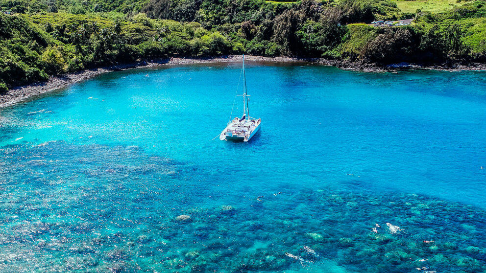A high-angle shot of a catamaran anchored in a clear turquoise bay with a lush green coastline. Snorkelers are visible in the water around the boat and the coral reefs below the surface. The sky is bright and the water is calm.