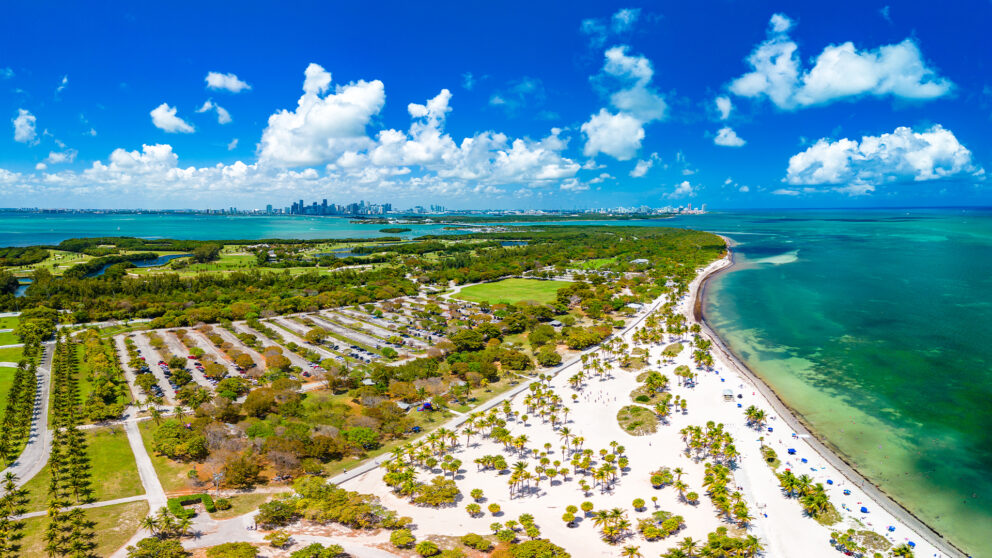 An aerial view of a large park and beach with palm trees and a parking lot. A wide expanse of turquoise water is on the right, and a city skyline is visible in the distance across the water.