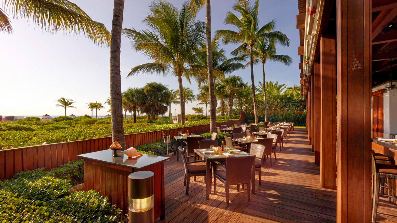 An outdoor dining area on a wooden deck with tables and chairs, surrounded by palm trees and tropical foliage, with a view of the beach and ocean in the background.