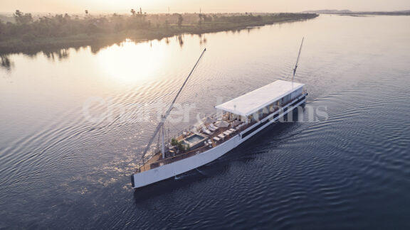 Berge Yacht Nile Egypt, aereal view at sunset