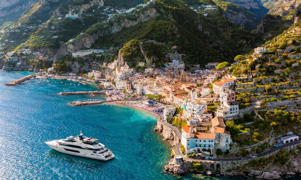 Superyacht anchored in front of amalfi coast